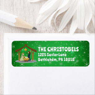 Nativity Scene Family Name Green Return Address Label