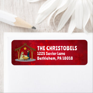 Nativity Scene Family Name Red Return Address Label