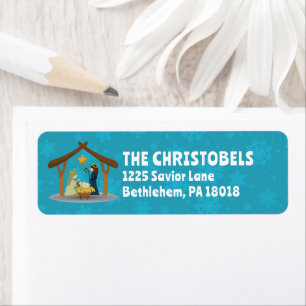 Nativity Scene Family Name Teal Return Address Label