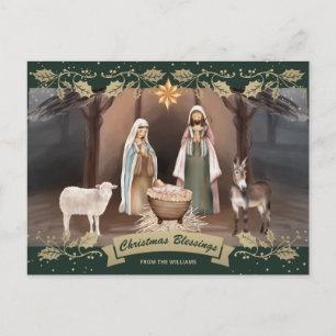 Nativity Scene Green Gold Christian Christmas Holiday Postcard