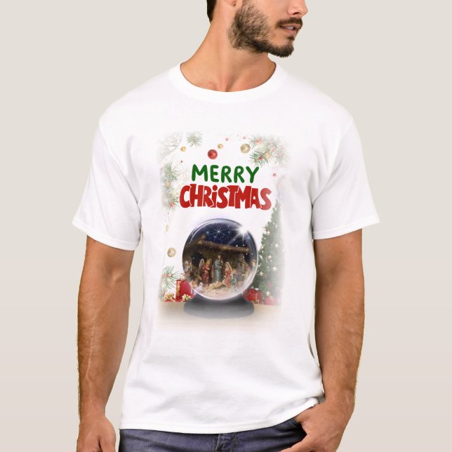 Nativity Scene in Christmas Snow Globe T-Shirt (Front)