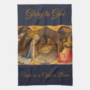 Nativity Scene in Gold Glory to God Tea Towel