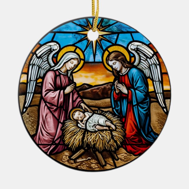 Nativity Scene Stained Glass Ceramic Ornament (Front)