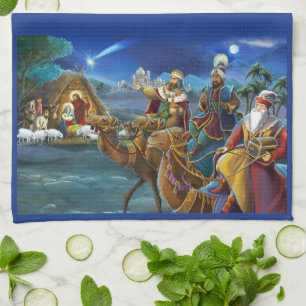 Nativity scene with wise men Christmas Holiday Tea Towel
