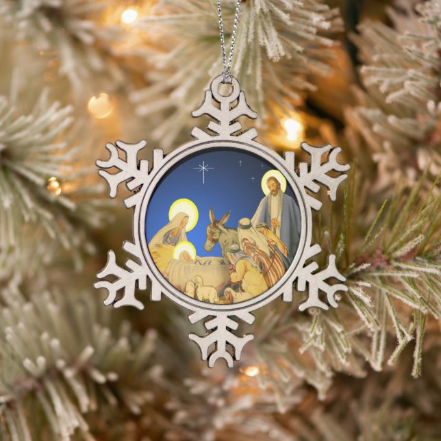 Nativity Snowflake Pewter Christmas Ornament (Tree)