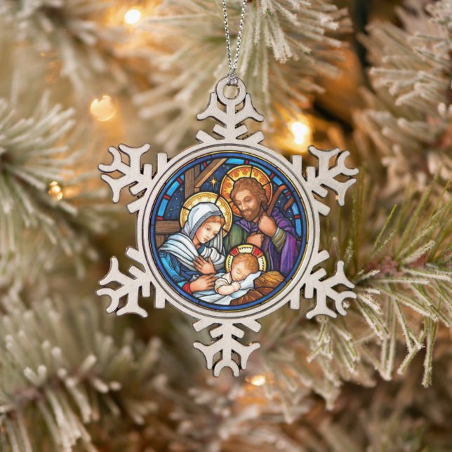 Nativity Snowflake Pewter Christmas Ornament (Tree)
