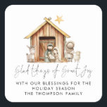 Nativity Stable Scene Tidings Great Joy Square Sticker<br><div class="desc">Nativity Stable Scene Tidings Great Joy. For your festive gifts. A beautiful simple Nativity Scene, with Mary, Joseph and baby Jesus in a manger, and a shepherd with his sheep and a line from the carol, While Shepherds Watched Their Flocks By Night, in an elegant set script on a white...</div>