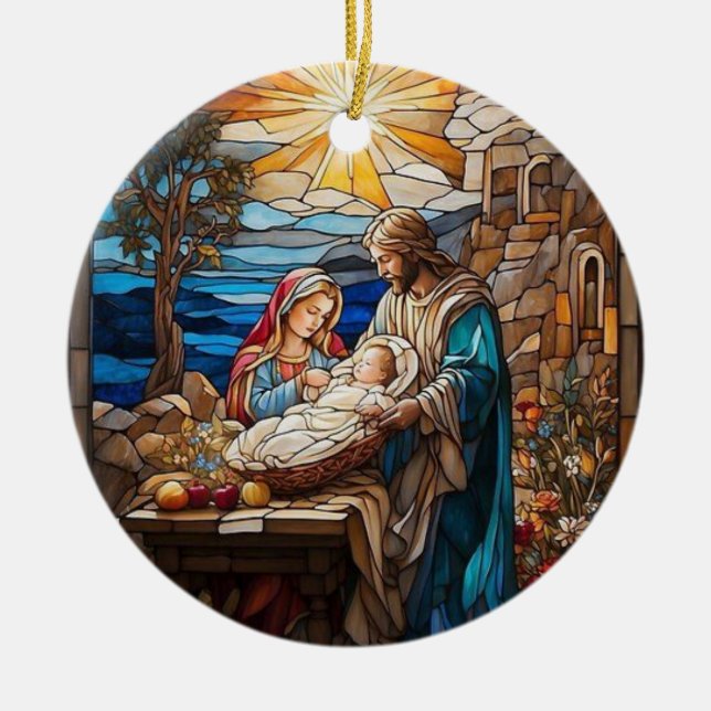 Nativity Stained Glass Art, Birth of Saviour Jesus Ceramic Ornament (Front)