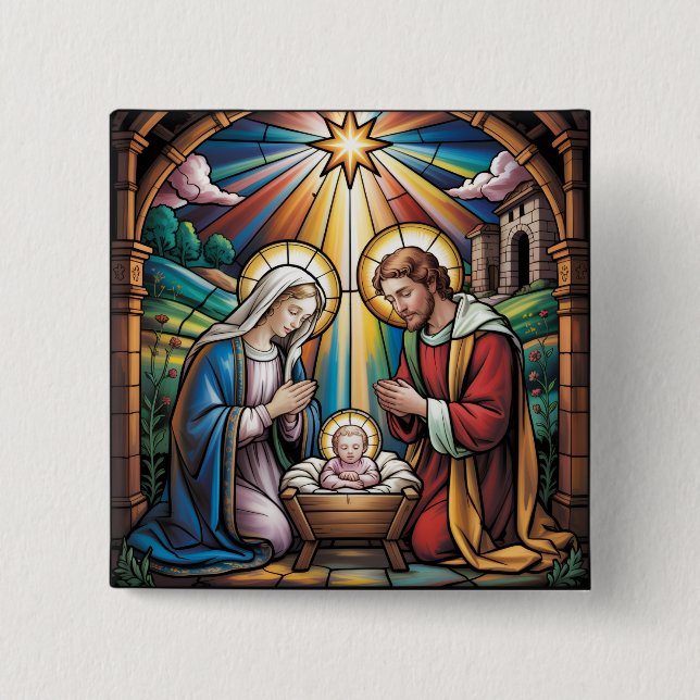Nativity Stained Glass Art – Holy Family Christmas 15 Cm Square Badge (Front)