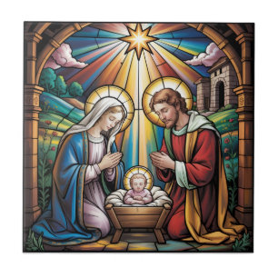 Nativity Stained Glass Art – Holy Family Christmas Ceramic Tile