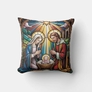 Nativity Stained Glass Art – Holy Family Christmas Cushion