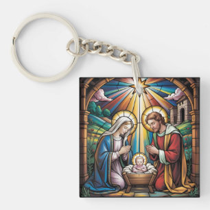Nativity Stained Glass Art – Holy Family Christmas Key Ring