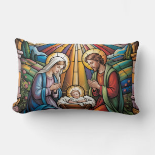 Nativity Stained Glass Art – Holy Family Christmas Lumbar Cushion