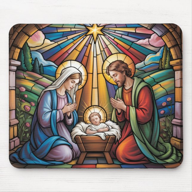 Nativity Stained Glass Art – Holy Family Christmas Mouse Pad (Front)