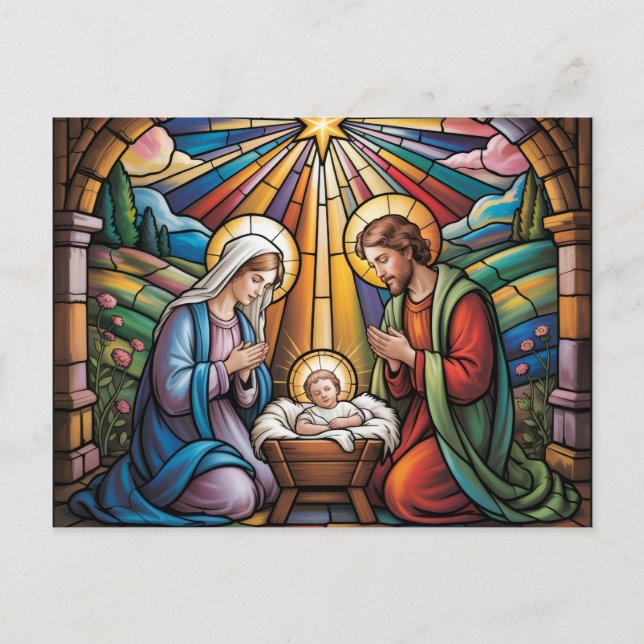 Nativity Stained Glass Art – Holy Family Christmas Postcard (Front)