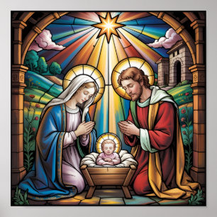 Nativity Stained Glass Art – Holy Family Christmas Poster
