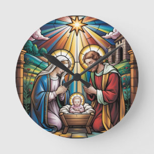 Nativity Stained Glass Art – Holy Family Christmas Round Clock