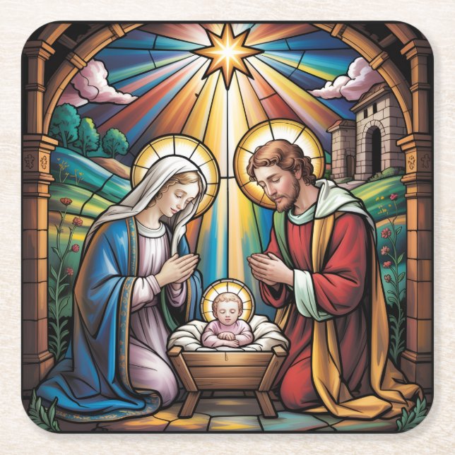 Nativity Stained Glass Art – Holy Family Christmas Square Paper Coaster (Front)