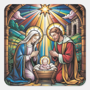 Nativity Stained Glass Art – Holy Family Christmas Square Sticker
