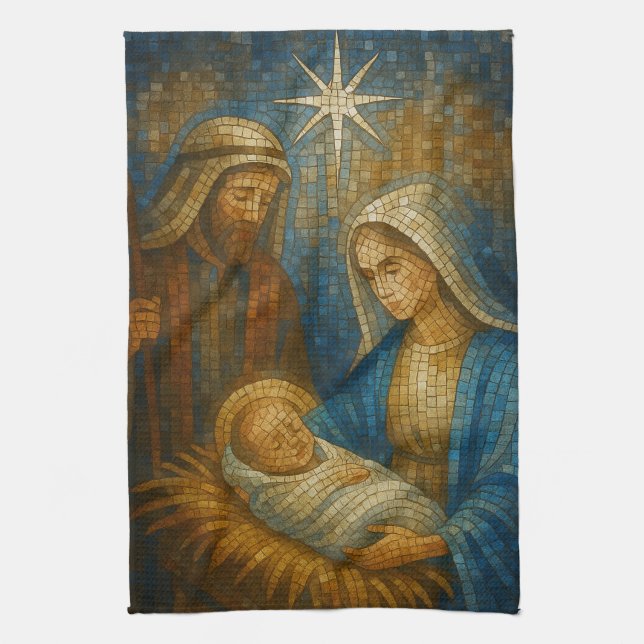 Nativity Stained Glass Mosaic | Holy Family  Tea Towel (Vertical)