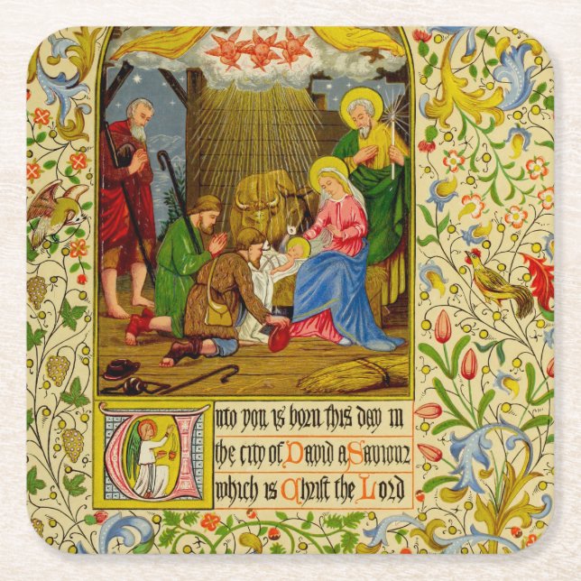 Nativity | Unto you is born this day Square Paper Coaster (Front)