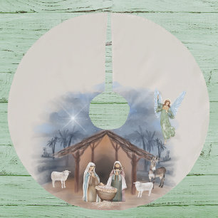 Nativity Watercolor Manger Baby Jesus Brushed Polyester Tree Skirt