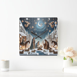 Nativity Winter  Mary, Joseph, and baby Jesus Square Wall Clock