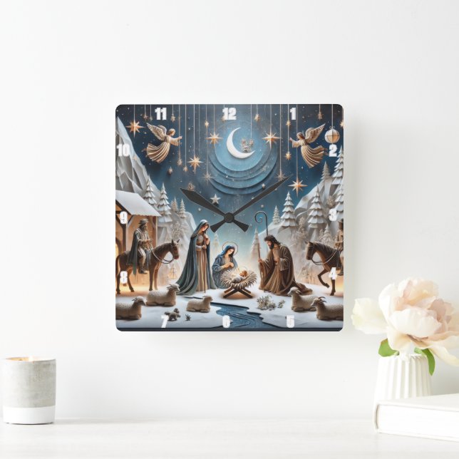 Nativity Winter  Mary, Joseph, and baby Jesus Square Wall Clock (Home)