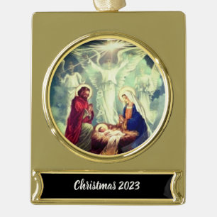 Nativity with angels Christmas 2023 Gold Plated Banner Ornament