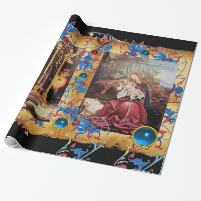 NATIVITY WITH ANGELS ,FLORAL CHRISTMAS PARCHMENT WRAPPING PAPER (Unrolled)