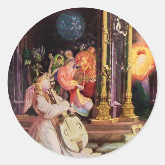 NATIVITY WITH MUSICAL ANGELS - MAGIC OF CHRISTMAS CLASSIC ROUND STICKER (Front)