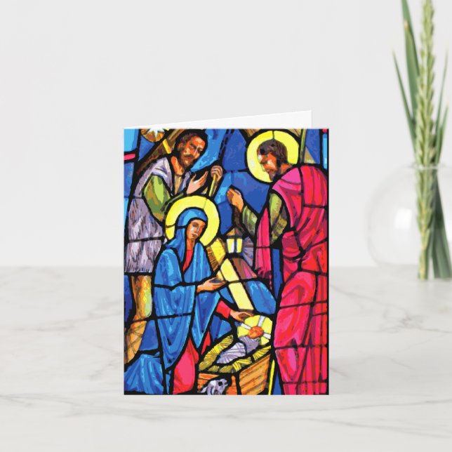 Nativity Zoom Stained Glass Christmas Holiday Card (Front)