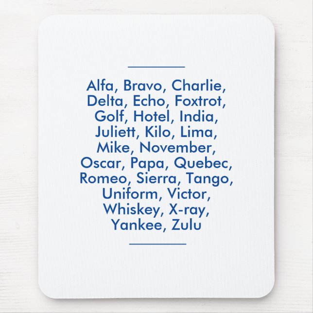 "NATO" phonetic alphabet, Alfa to Zulu Mouse Pad (Front)
