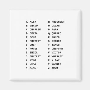 NATO Phonetic Alphabet Alfa-Zulu Two-Column Chart Magnet