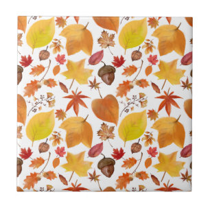 Natural Autumn Earth Tones Leaves and Acorns Ceramic Tile