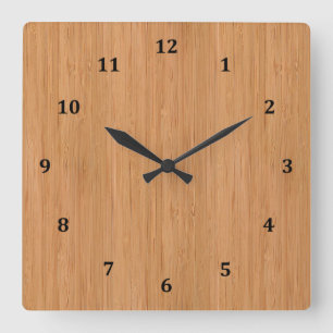 Natural Bamboo Wood Grain Look Square Wall Clock
