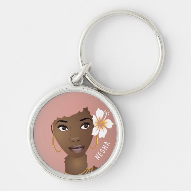 Natural Beauty, Pink Afro, Flower in Hair Key Ring (Front)