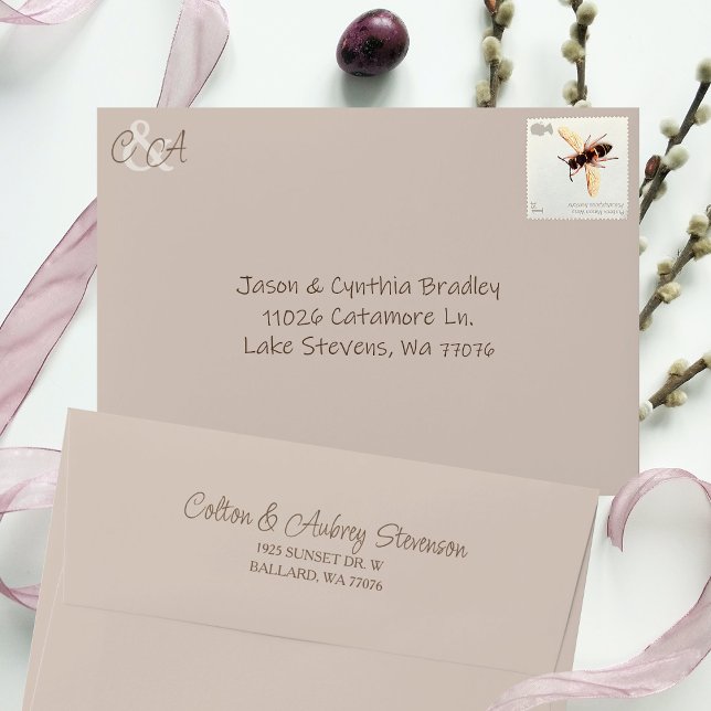 Natural Beige, Pre-addressed 5x7 Monogram Wedding Envelope (Light beige, light brown invitation envelope with return address pre-printed on flap)