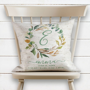 Natural Birch Greenery Wreath Baby Birth Stats Cushion