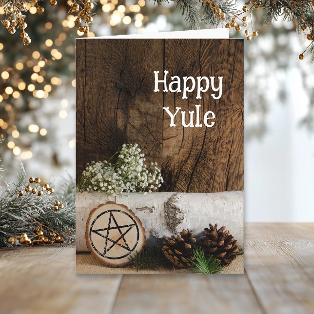 Natural Birch Tree Log and Pine Cones Happy Yule Holiday Card (Creator Uploaded)