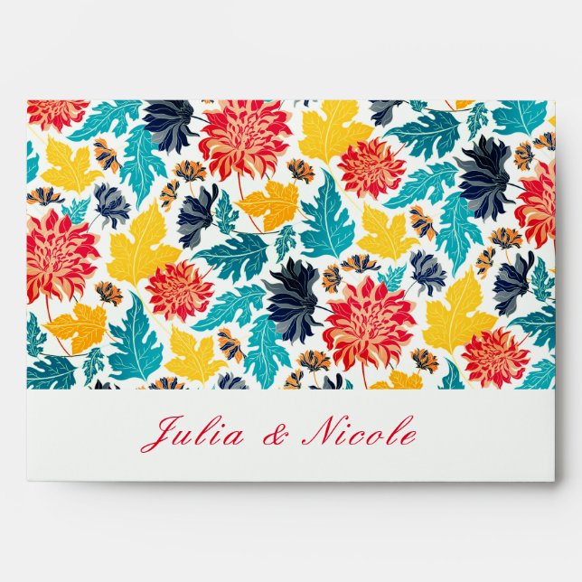 Natural Blue Yellow Watercolor Sunflowers Wedding Envelope (Front)