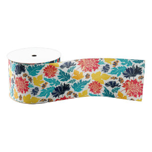 Natural Blue Yellow Watercolor Sunflowers Wedding Grosgrain Ribbon