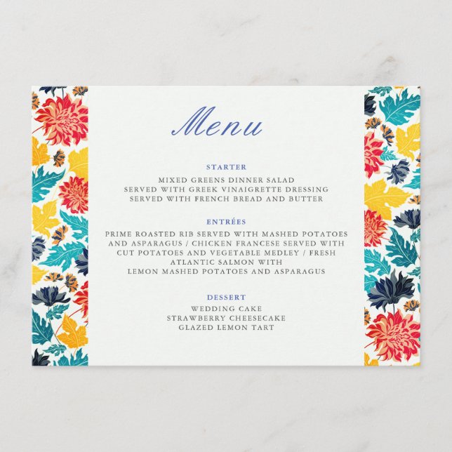 Natural Blue Yellow Watercolor Sunflowers Wedding Menu (Front)