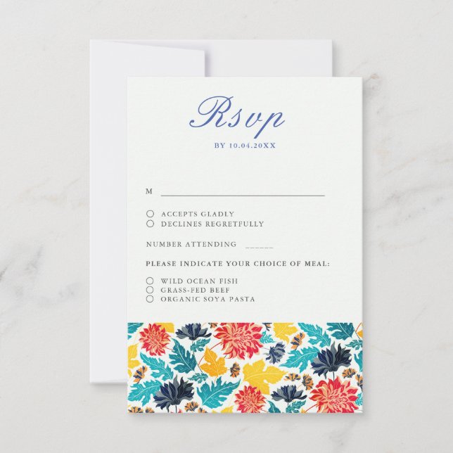 Natural Blue Yellow Watercolor Sunflowers Wedding RSVP Card (Front)