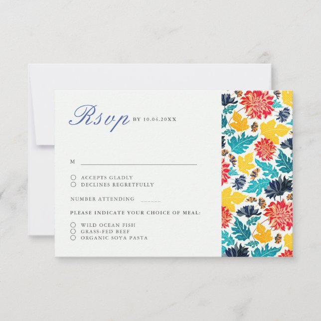 Natural Blue Yellow Watercolor Sunflowers Wedding RSVP Card (Front)