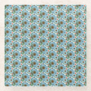 Natural Bohemian Pink Blue Flowers Green Leaves Glass Coaster