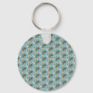 Natural Bohemian Pink Blue Flowers Green Leaves Key Ring