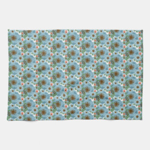Natural Bohemian Pink Blue Flowers Green Leaves Tea Towel