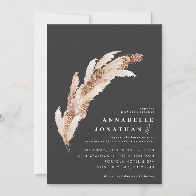 Natural boho black pampas grass elegant wedding invitation (Front)