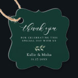 Natural Botanic Branch Emerald Wedding Thank You Favour Tags<br><div class="desc">Elegant watercolor botanical branch,  wedding thank you favour tags. "thank you" in chic white calligraphy with lines for your message,  names and event date. Backgrounds feature solid emerald green colour.</div>